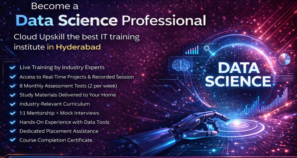 Data science promotional banner for Cloud Upskill's data science course in Hyderabad, highlighting the path to becoming a data science professional. Features data science training program details including live instruction, real-time projects, assessments, mentorship, and placement assistance for data science jobs. The banner showcases data science AI concepts with futuristic graphics including a robotic hand, digital brain, and analytics visualizations, representing data science salary opportunities in India and comprehensive data science course fees information against a cosmic purple and blue background.