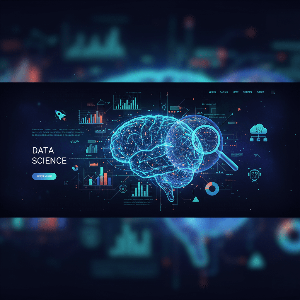 Data Science Data science hero banner featuring a glowing cyan digital brain surrounded by various data visualization elements including bar charts, line graphs, pie charts, and analytical icons. A magnifying glass icon overlays the brain, with a rocket icon and 'Learn More' button on the left side, set against a dark blue starry background.