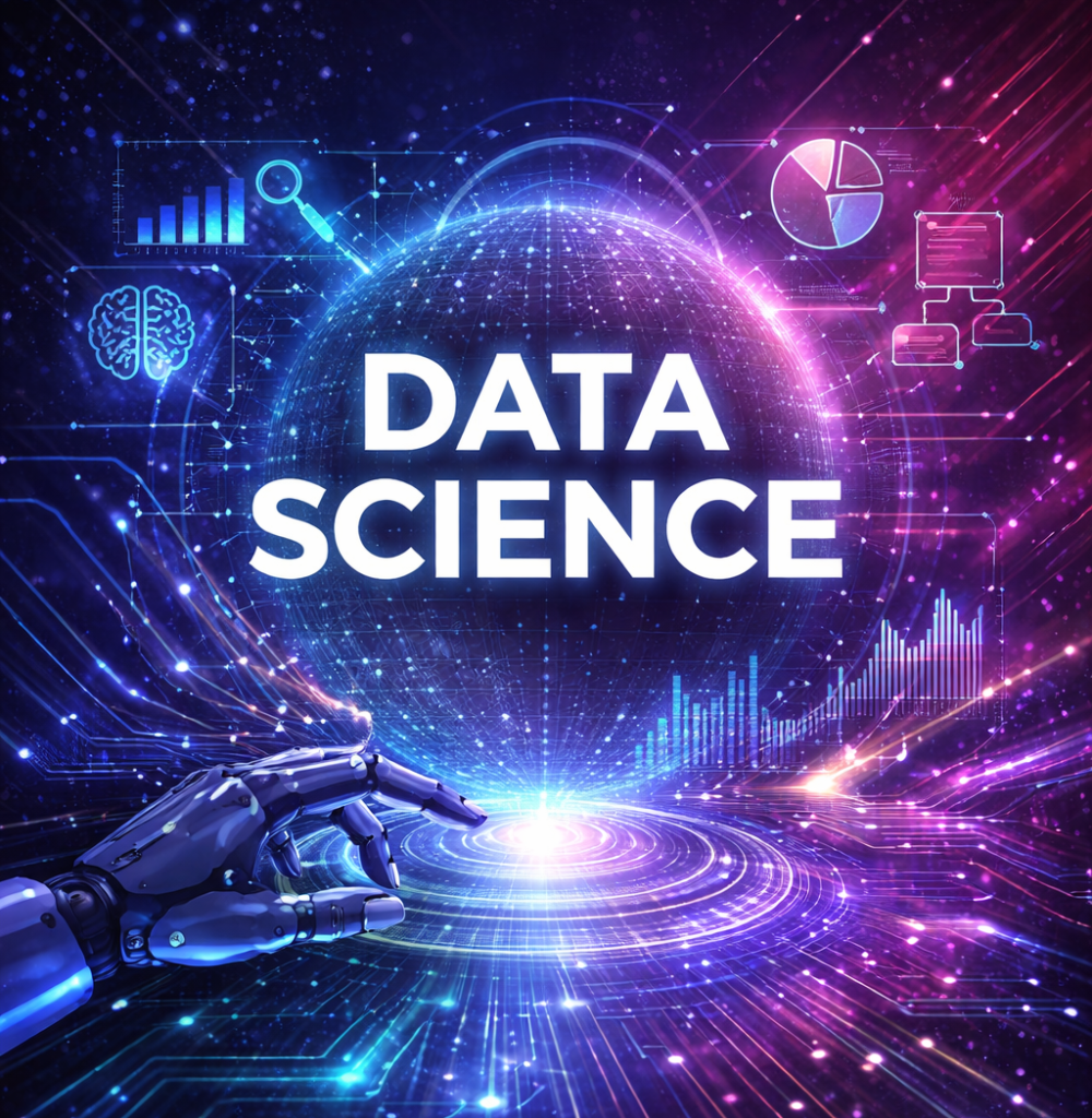 Futuristic data science illustration featuring a glowing digital globe with 'DATA SCIENCE' text, surrounded by holographic elements including bar charts, pie charts, a brain icon, computer icons, and a robotic hand, all set against a blue and pink gradient background with light trails and network patterns.