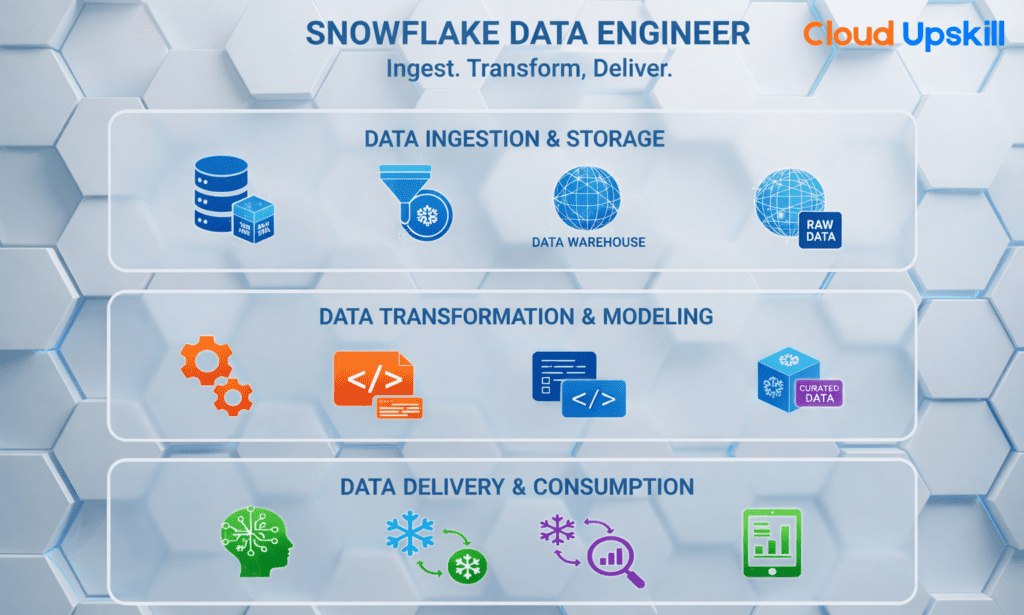 Snowflake Data Engineer workflow with tagline 'Ingest. Transform, Deliver.' Three horizontal sections show the data pipeline: Data Ingestion and Storage features database, funnel, warehouse globe, and raw data icons; Data Transformation and Modeling displays gears, code symbols, and curated data; Data Delivery and Consumption shows AI head, Snowflake integration cycles, analytics magnifier, and mobile dashboard icons on hexagonal technological background