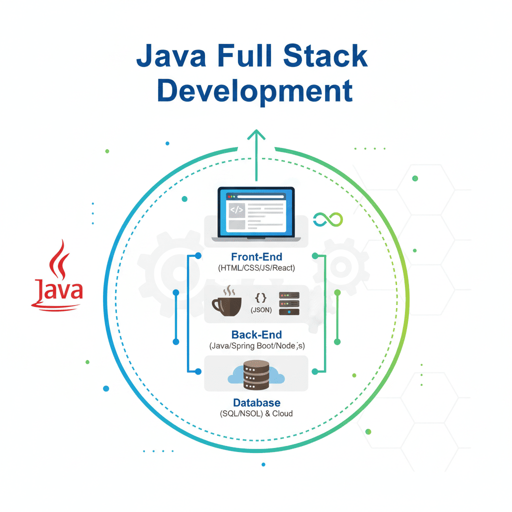 Java Full Stack Development course syllabus diagram featuring the Java logo and a circular flow chart with gradient blue-to-green border. Center displays three connected layers: Front-End with laptop icon showing HTML/CSS/JS/React technologies; Back-End with coffee cup, JSON symbol, and database icons representing Java/Spring Boot/Node.js; Database layer with cloud-hosted database icon for SQL/NSQL and Cloud services. Arrows indicate continuous development cycle integration