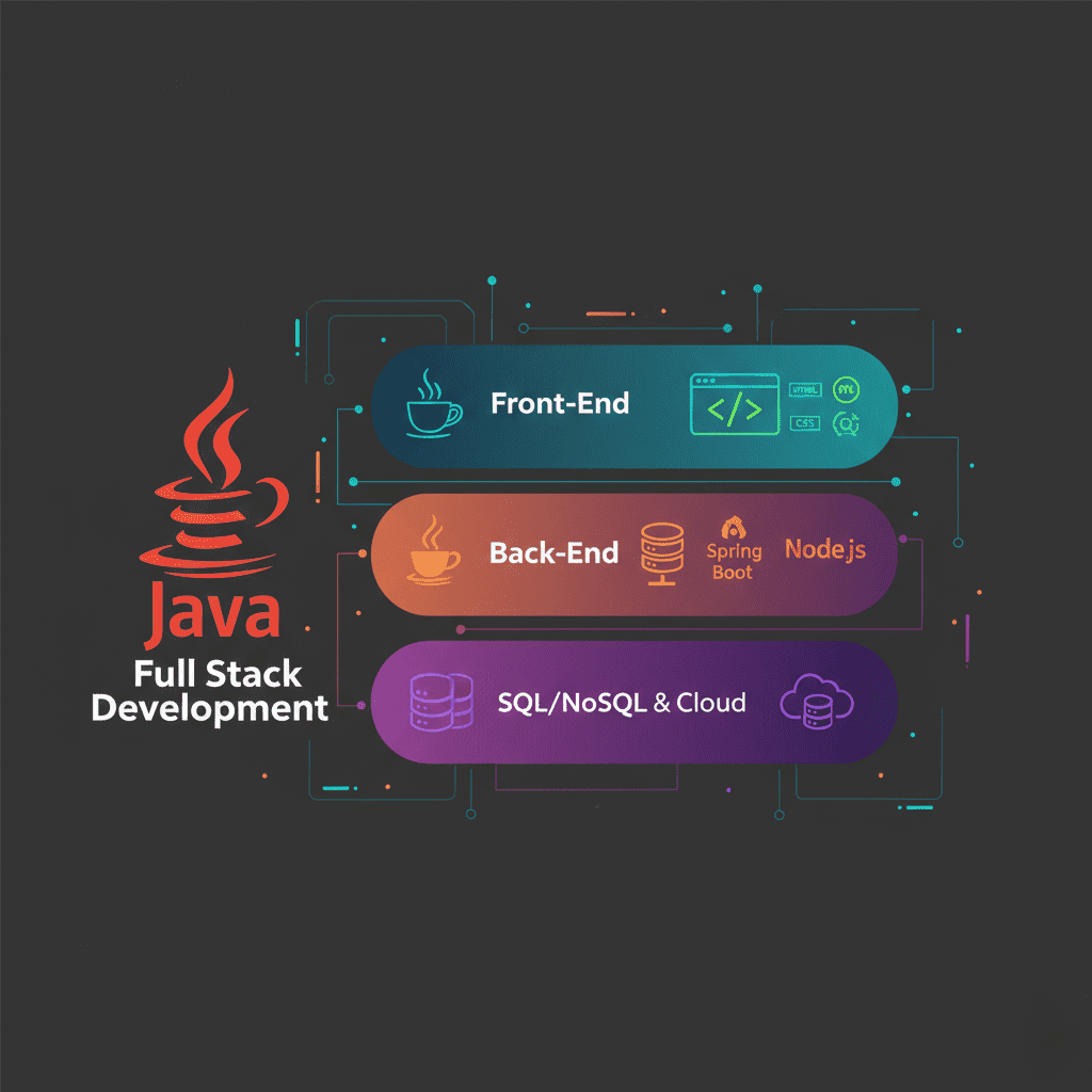 Java Full Stack Development diagram featuring the Java logo with three horizontal sections: Front-End (teal) showing HTML, CSS, and JavaScript icons; Back-End (orange-red gradient) displaying Spring Boot and Node.js frameworks with database symbols; SQL/NoSQL & Cloud (purple) section with database and cloud icons. Technical circuit-style decorative elements frame the composition against a dark background, illustrating the complete technology stack for Java-based web development.