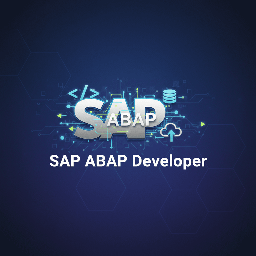 Banner image titled 'SAP ABAP Developer' in white text on a dark blue hexagonal-patterned background. The central graphic features large metallic 'SAP' letters with 'ABAP' overlaid in white text. Surrounding the text are various technology icons including coding brackets in cyan on the left, a database cylinder icon on the right, a cloud with upload arrow on the far right, circuit board patterns with connecting lines and nodes in cyan and green, and directional arrows. The design conveys a modern, technical atmosphere representing software development and cloud computing concepts sap abap jobs in bangalore sap abap oops sap abap reports sap abap workflow sap abap online course sap training classes