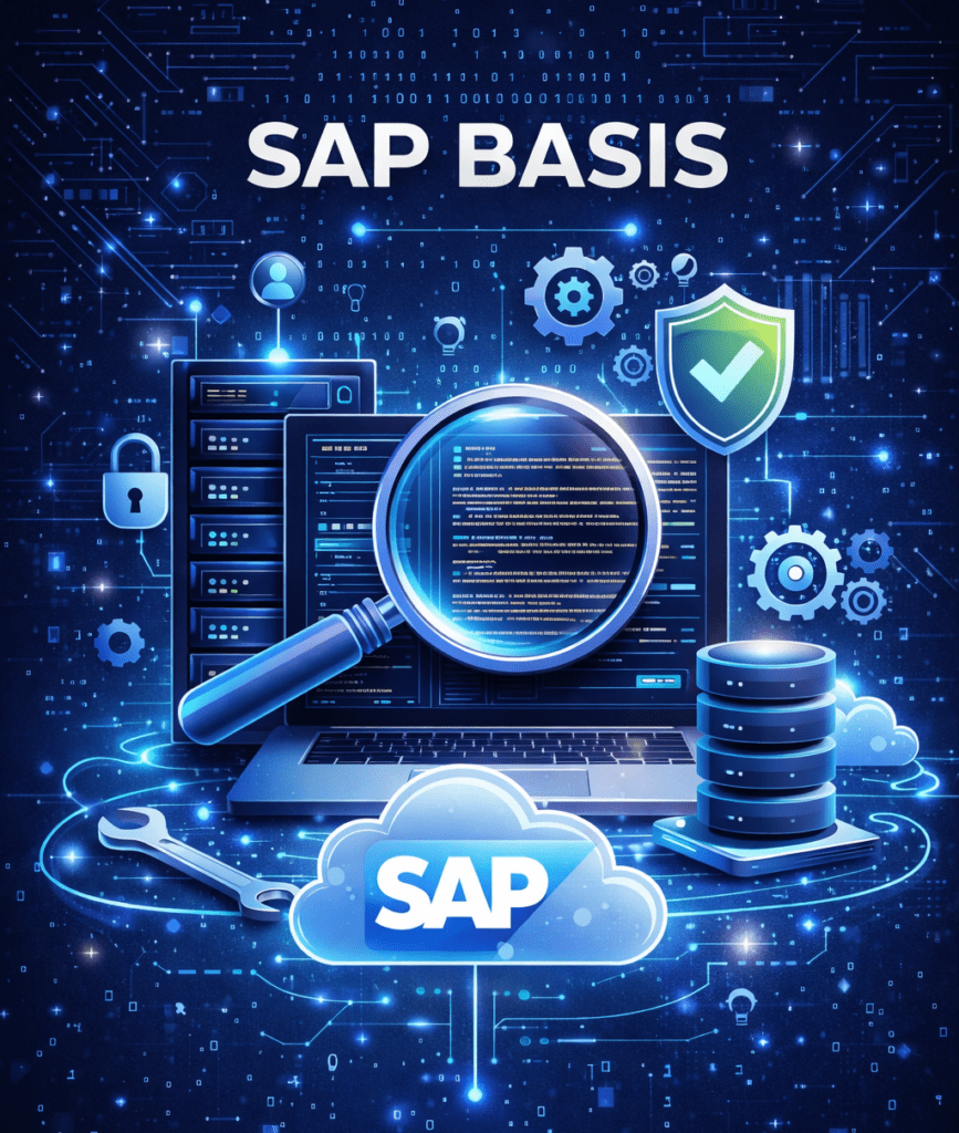 SAP BASIS technology concept illustration featuring a laptop displaying system code with a magnifying glass highlighting details. The blue-themed digital composition includes security elements like a shield with checkmark and padlock, database cylinders, cloud computing symbols, gear icons representing system processes, and binary code in the background. The SAP logo appears in a cloud formation, emphasizing cloud infrastructure and enterprise resource planning system administration, monitoring, and security management.