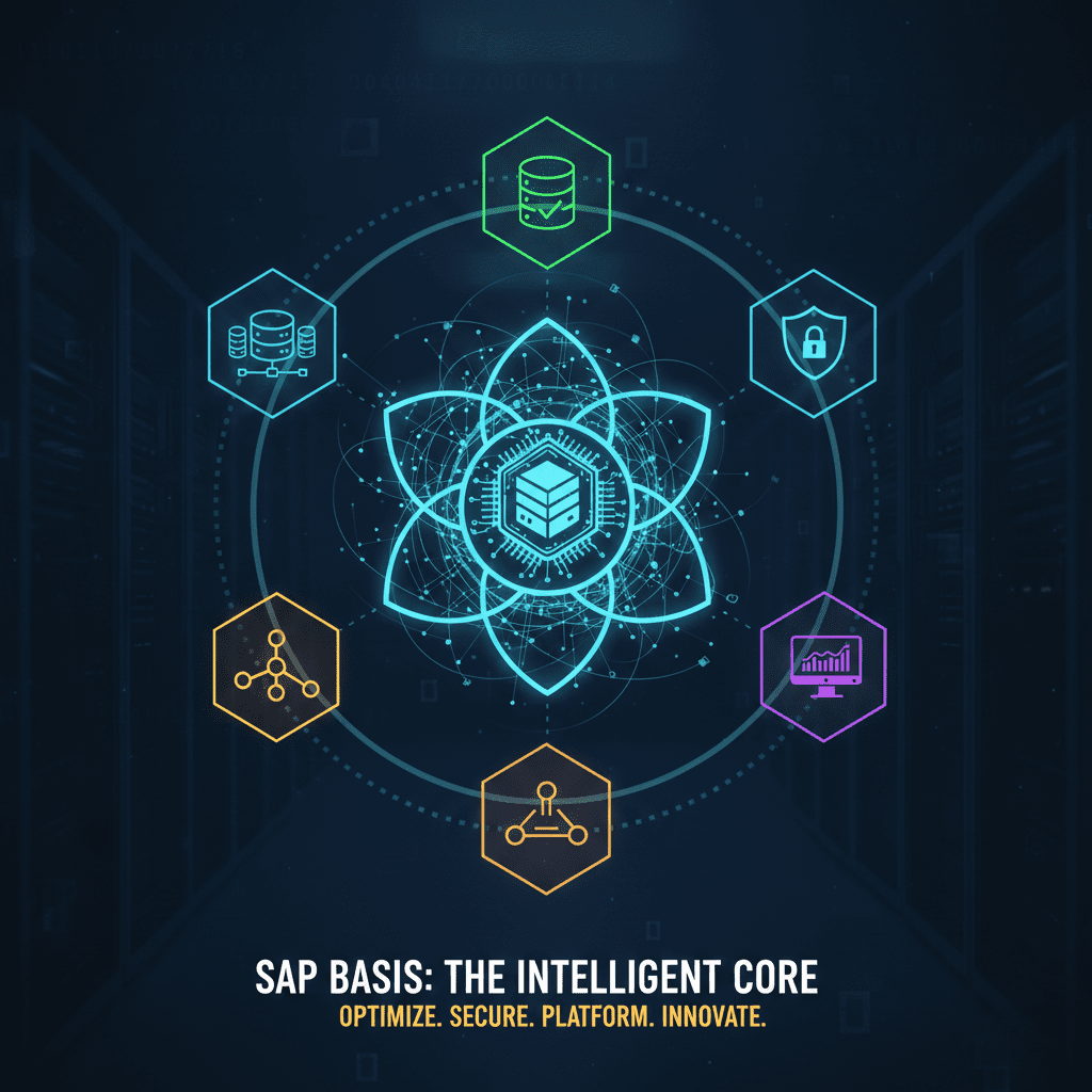 SAP BASIS infrastructure diagram displaying a central hexagonal core with layered database symbol, surrounded by six interconnected hexagonal icons in a circular pattern. Icons represent key functions: database storage (green), distributed databases (cyan), security with padlock shield (blue), network connectivity (yellow), automation workflows (orange), and analytics dashboard (purple). The geometric mandala design symbolizes integrated enterprise system architecture with text "SAP BASIS: THE INTELLIGENT CORE - OPTIMIZE. SECURE. PLATFORM. INNOVATE." emphasizing comprehensive technical administration and system management capabilities.