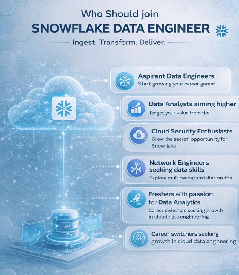 Infographic titled 'Who Should join SNOWFLAKE DATA ENGINEER - Ingest. Transform. Deliver.' on light blue hexagonal background. Features holographic Snowflake cloud and database illustrations on left, connected to six audience categories on right: Aspirant Data Engineers, Data Analysts aiming higher, Cloud Security Enthusiasts, Network Engineers seeking data skills, Freshers with passion for Data Analytics, and Career switchers seeking growth in cloud data engineering. Each category includes descriptive text