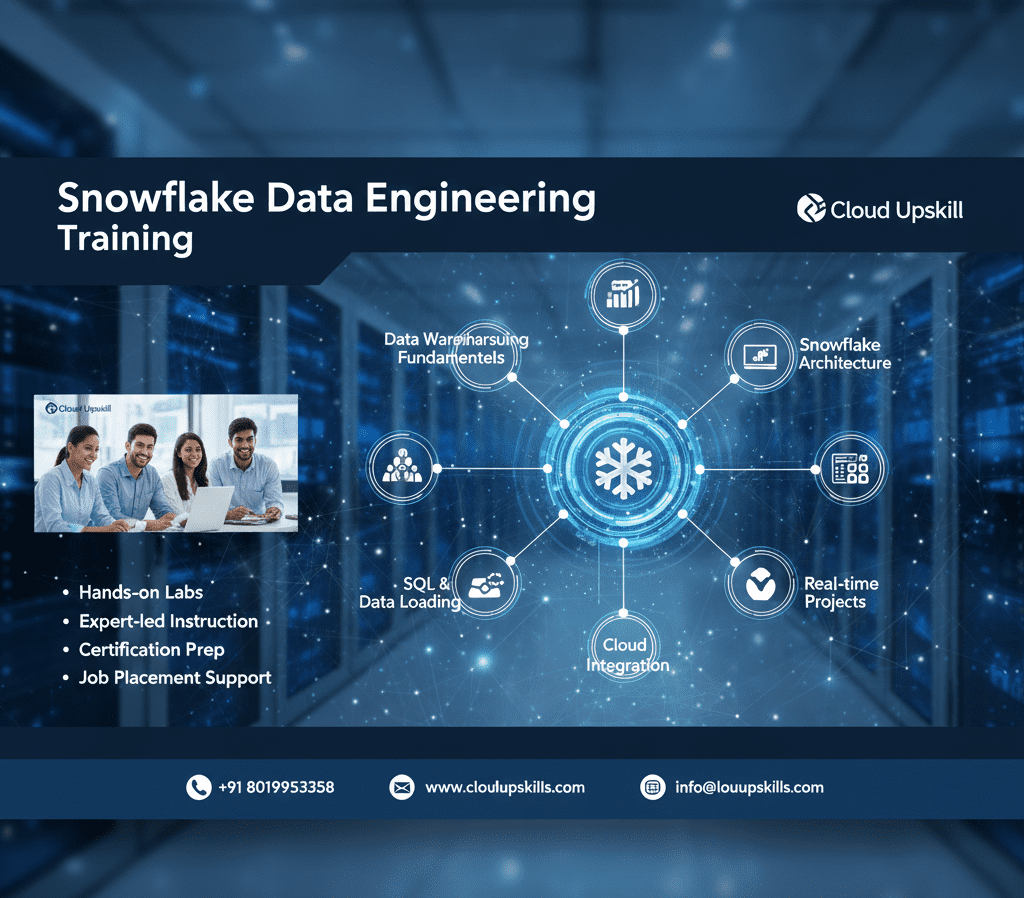 Cloud Upskill training advertisement for Snowflake Data Engineering featuring a digital network diagram with the Snowflake logo at center, connected to topic nodes including Data Warehousing Fundamentals, Snowflake Architecture, Real-time Projects, Cloud Integration, SQL and Data Loading. Left side shows diverse professionals collaborating, with course highlights: Hands-on Labs, Expert-led Instruction, Certification Prep, and Job Placement Support. Contact information displayed at bottom