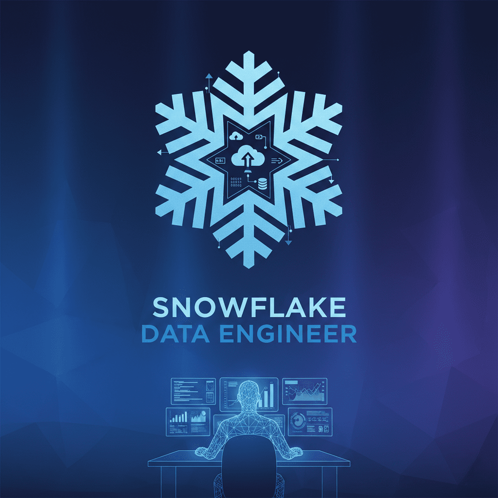 Professional illustration for Snowflake Data Engineer careers featuring a stylized light blue snowflake logo with integrated data engineering icons including cloud storage, databases, and data flow arrows at its center. Below the text 'SNOWFLAKE DATA ENGINEER' is a wireframe figure sitting at a desk working on multiple digital dashboard screens displaying charts, graphs, and analytics on a dark blue gradient background.