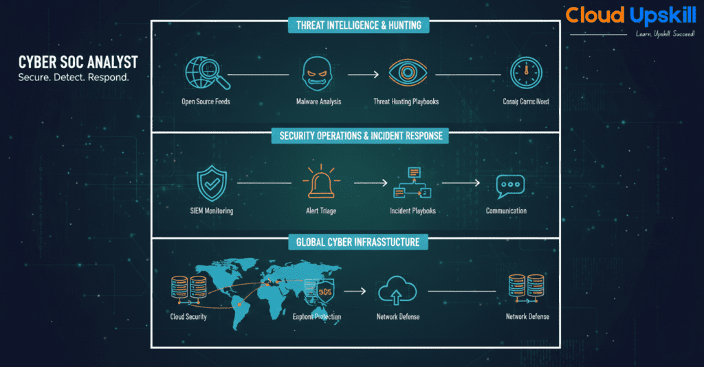 Infographic titled 'Cyber SOC Analyst: Secure. Detect. Respond.' from Cloud Upskill, showing three main workflow categories. The first section, 'Threat Intelligence & Hunting,' displays a horizontal process flow with icons: Open Source Feeds (magnifying glass), Malware Analysis (masked figure), Threat Hunting Playbooks (eye), and Cosaly Cernc Moust (clock). The second section, 'Security Operations & Incident Response,' shows a workflow from SIEM Monitoring (shield with checkmark) to Alert Triage (bell) to Incident Playbooks (document screens) to Communication (chat bubble). The third section, 'Global Cyber Infrastructure,' features a world map with connections between Cloud Security (database icons), Endpoint Protection (servers with '60s' label), Network Defense (cloud with upward arrow), and Network Defense (database icons). The image uses a dark blue background with cyan and orange accent colors for icons and text.