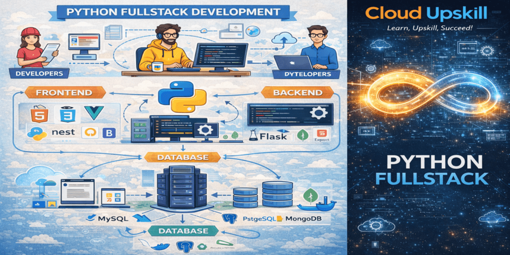 The detailed infographic titled 'Python Fullstack Development' by Cloud Upskill, divided into two sections. The left section illustrates the full stack development workflow with illustrated characters representing Developers at the top, connected by arrows showing the development flow. Below them, the architecture is broken into three layers: Frontend featuring technology logos for HTML5, CSS3, Vue, NestJS, and Bootstrap; a central Python logo connecting both sides; and Backend showing Flask and related frameworks. The bottom layer highlights the Database tier with MySQL, PostgreSQL, and MongoDB icons alongside server rack illustrations and a laptop. Arrows flow between all layers, demonstrating how frontend, backend, and database components interact in a full stack application. The right section features a dark blue starry background with a glowing golden and blue infinity symbol, boldly displaying the text 'Python Fullstack' with the Cloud Upskill branding and tagline 'Learn, Upskill, Succeed!' at the top.
