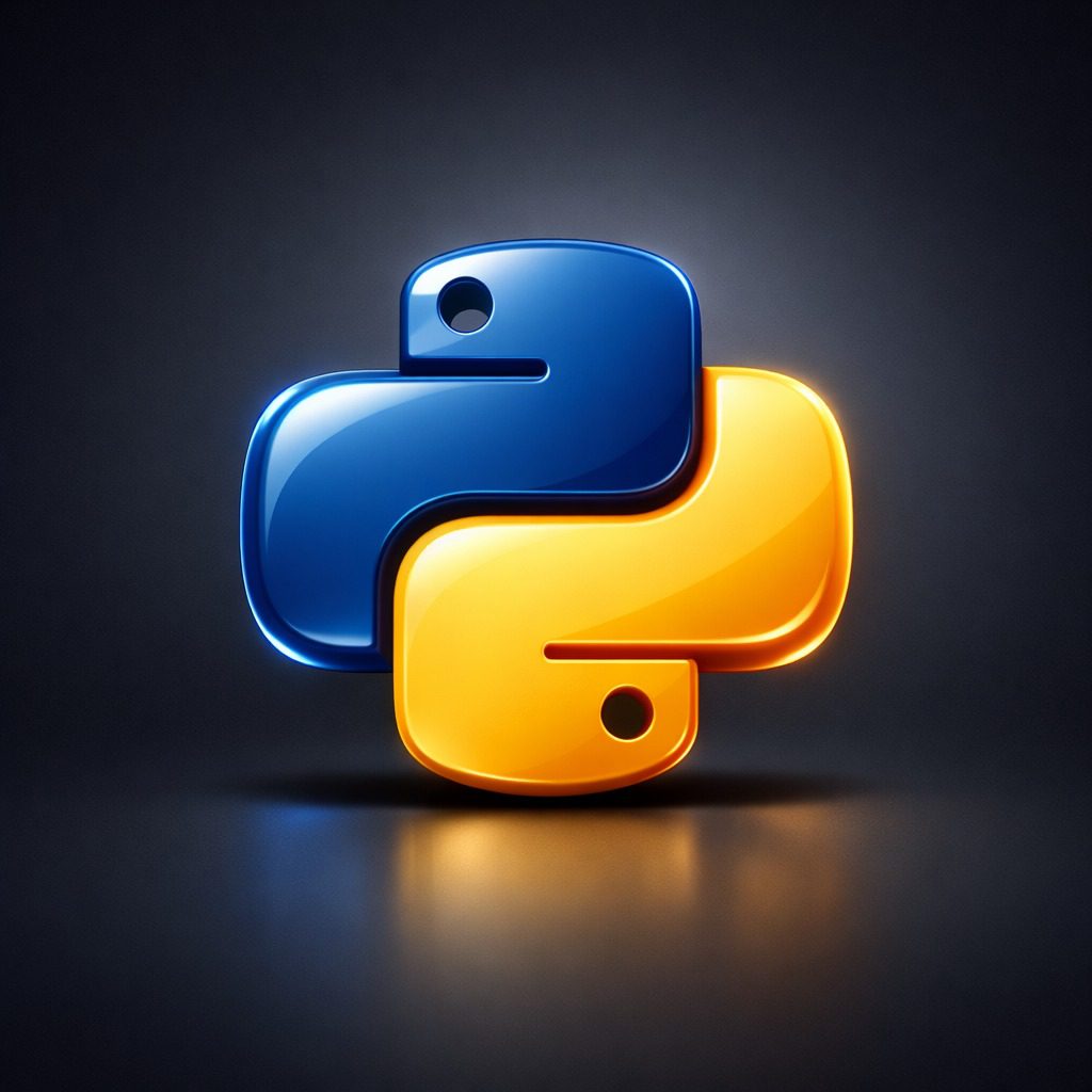 A digital artwork logo for 'Python Full Stack' featuring a robotic snake with glowing green circuit-board patterns forming one half of an infinity symbol, intertwined with a wooden vine adorned with green leaves and tech icons representing cloud, database, mobile, and server on the other half. Set against a teal starry background with the tagline: Innovation. Development. Deployment.