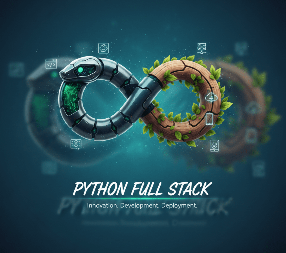 A digital artwork logo for 'Python Full Stack' featuring a robotic snake with glowing green circuit-board patterns forming one half of an infinity symbol, intertwined with a wooden vine adorned with green leaves and tech icons representing cloud, database, mobile, and server on the other half. Set against a teal starry background with the tagline: Innovation. Development. Deployment.