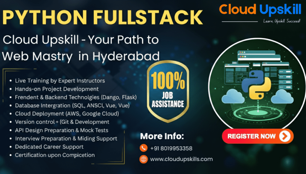 banner for 'Python Full stack' training by Cloud Upskill, taglined 'Learn, Upskill, Succeed!' Set against a dark background, the ad highlights the course as 'Your Path to Web Mastery in Hyderabad.' Key features listed include Live Training by Expert Instructors, Hands-on Project Development, Frontend and Backend Technologies (Django, Flask), Database Integration (SQL), Cloud Deployment (AWS, Google Cloud), Version Control with Git, API Design, Interview Preparation, Dedicated Career Support, and Certification upon Completion. A gold shield badge prominently displays '100% Job Assistance.' Contact details show with a red 'Register Now' call-to-action button. A circular graphic on the right features the Python logo surrounded by cloud and web interface visuals.